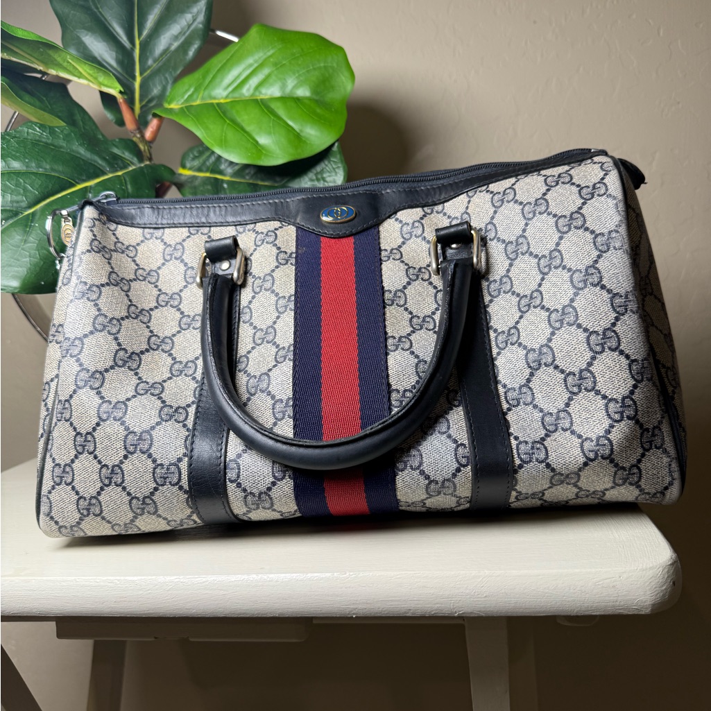 Gucci Beige Monogram Boston Bag With Navy Trim & Red Stripe